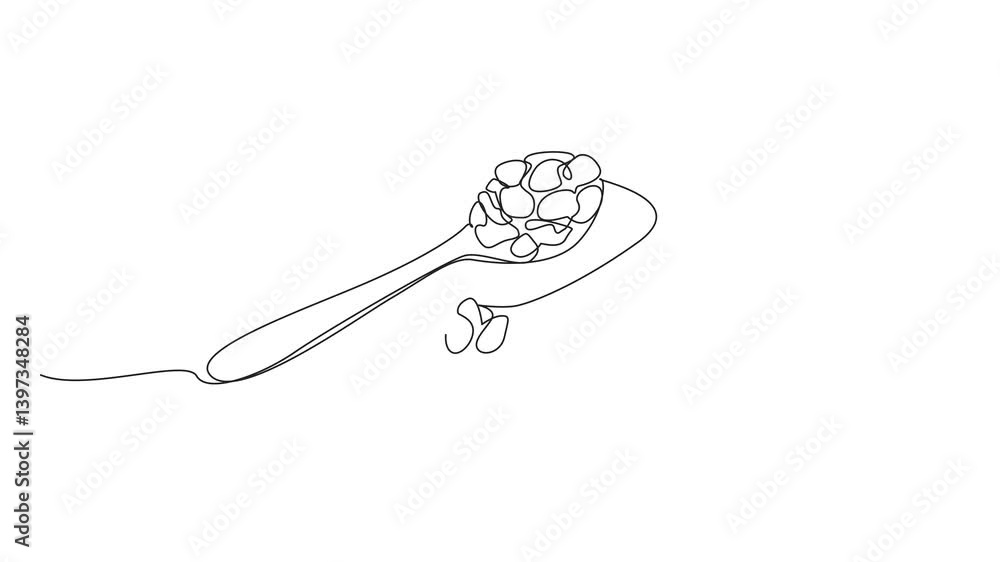 Poster animated self drawing of continuous one line drawing raisins on two wooden spoons. dry snack. can al
