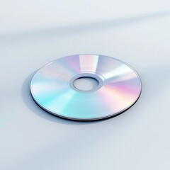 compact disc icon in brushed silver with light blue label center, casting light spectrum reflection on white surface, retro tech vibe 