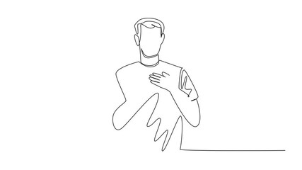 Animated self drawing of single one line drawing man poses with crossed palms on left chest. The deepest gratitude. A pleasant positive gesture. Grateful. National Honesty Day. Full length animation