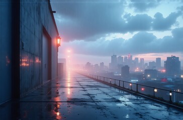 Obraz premium A wet, industrial rooftop at dawn. City skyline in the hazy distance, a lone lamp casts an orange glow on the reflective, rain-slicked pavement. A sense of mystery and solitude pervades.