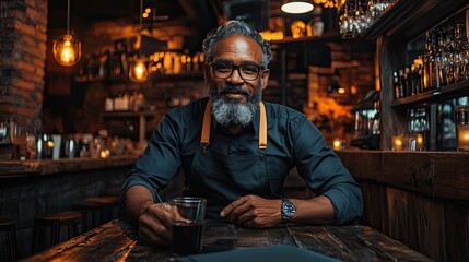 Obraz premium Smiling bartender in a dimly lit bar
