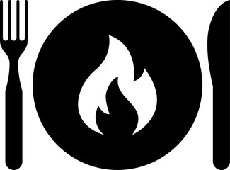 Vector spicy food icon, plate and cutlery with fire flat icon. Spicy food and culinary solid icon. Fiery cuisine, hot dishes. Symbol and sign illustration design flavor silhouette symbol