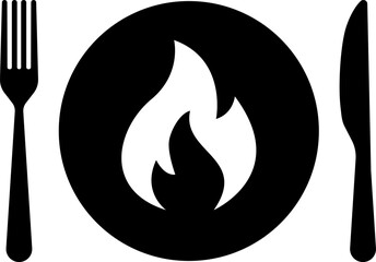 Vector spicy food icon, plate and cutlery with fire flat icon. Spicy food and culinary solid icon. Fiery cuisine, hot dishes. Symbol and sign illustration design flavor silhouette symbol