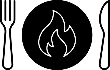 Vector spicy food icon, plate and cutlery with fire flat icon. Spicy food and culinary solid icon. Fiery cuisine, hot dishes. Symbol and sign illustration design flavor silhouette symbol