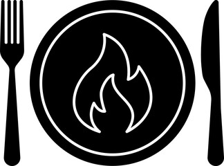 Vector spicy food icon, plate and cutlery with fire flat icon. Spicy food and culinary solid icon. Fiery cuisine, hot dishes. Symbol and sign illustration design flavor silhouette symbol