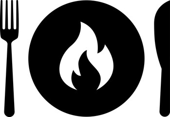 Vector spicy food icon, plate and cutlery with fire flat icon. Spicy food and culinary solid icon. Fiery cuisine, hot dishes. Symbol and sign illustration design flavor silhouette symbol