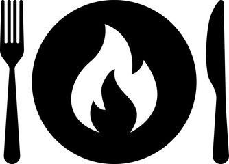 Vector spicy food icon, plate and cutlery with fire flat icon. Spicy food and culinary solid icon. Fiery cuisine, hot dishes. Symbol and sign illustration design flavor silhouette symbol