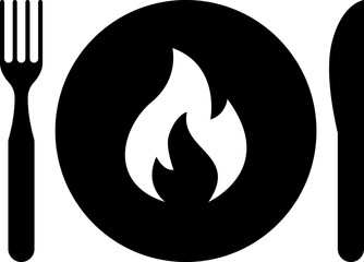Vector spicy food icon, plate and cutlery with fire flat icon. Spicy food and culinary solid icon. Fiery cuisine, hot dishes. Symbol and sign illustration design flavor silhouette symbol