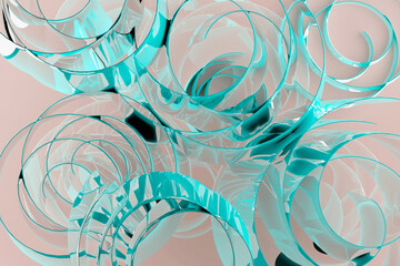 Abstract soft background with pattern of bubbles, curls, circles of aqua blue, light pink glossy plastic with dynamic, tender, calm, relax, art vibe for business, fashion, science. 3D rendering.