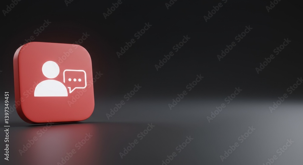 Poster 3d render of red square communication icon: user and speech bubble on dark background