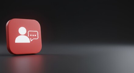 3D Render of Red Square Communication Icon: User and Speech Bubble on Dark Background
