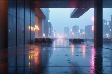 Fototapeta premium Rainy night scene. A futuristic city street viewed from a sleek, modern building's entrance. Neon lights reflect on wet pavement. The atmosphere is moody and atmospheric.