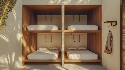 Modern Minimalist Bedroom Design with Unique Wooden Bunk Beds