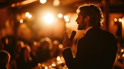 Man gives speech at fancy event, holding microphone in his hand. Depicts public speaking, celebration, or a formal presentation.