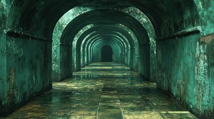 Obraz premium Worn archway tunnel with dark distant entrance.