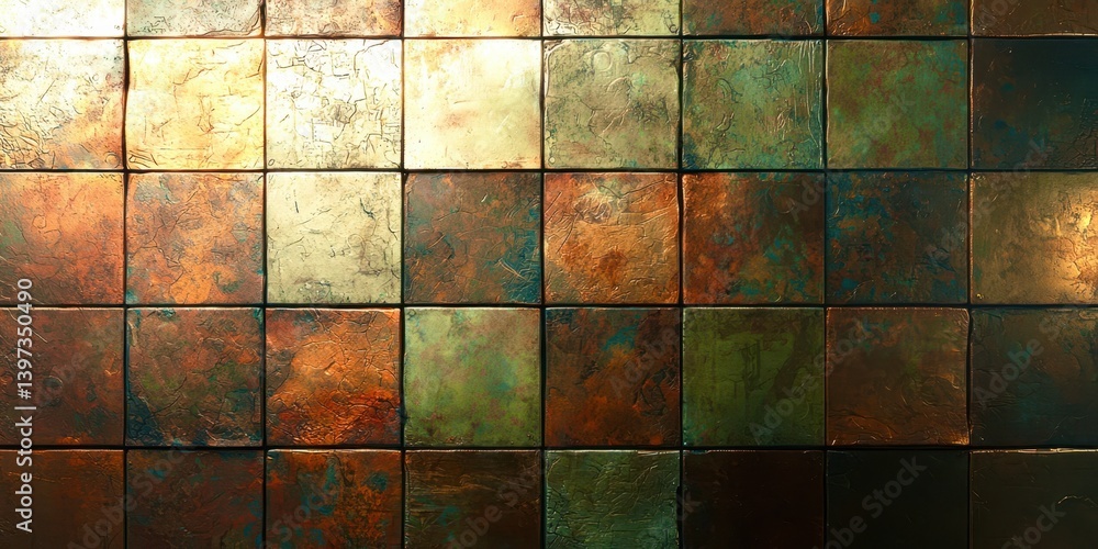 Poster a wall made of gold tiles with a single tile in the middle