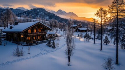 Snowy mountain chalet village at sunrise