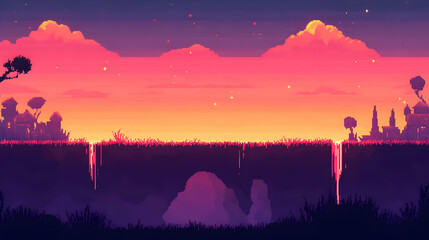 Pixelated Landscape View of a City at Sunset Under Cloudy Skies with Purple and Orange Hues in Digital Art Style