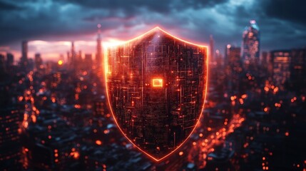 Glowing shield over city. Digital protection in a futuristic skyline