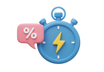 Blue stopwatch with lightning bolt and percentage speech bubble icon