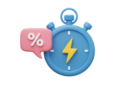 Blue stopwatch with lightning bolt and percentage speech bubble icon