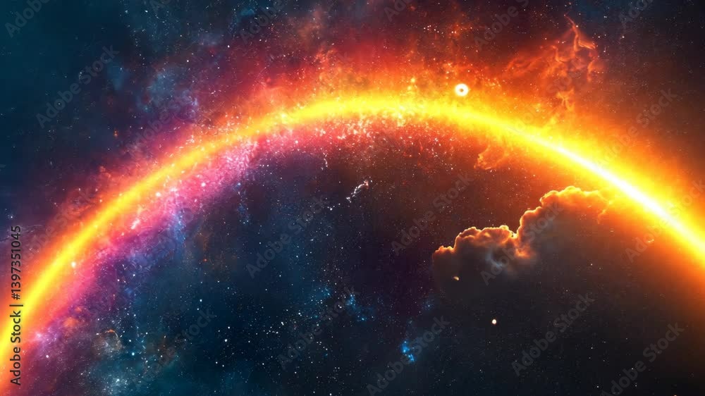 Poster vibrant cosmic rainbow spanning across a starfield with nebula clouds and galaxies in deep space, cr