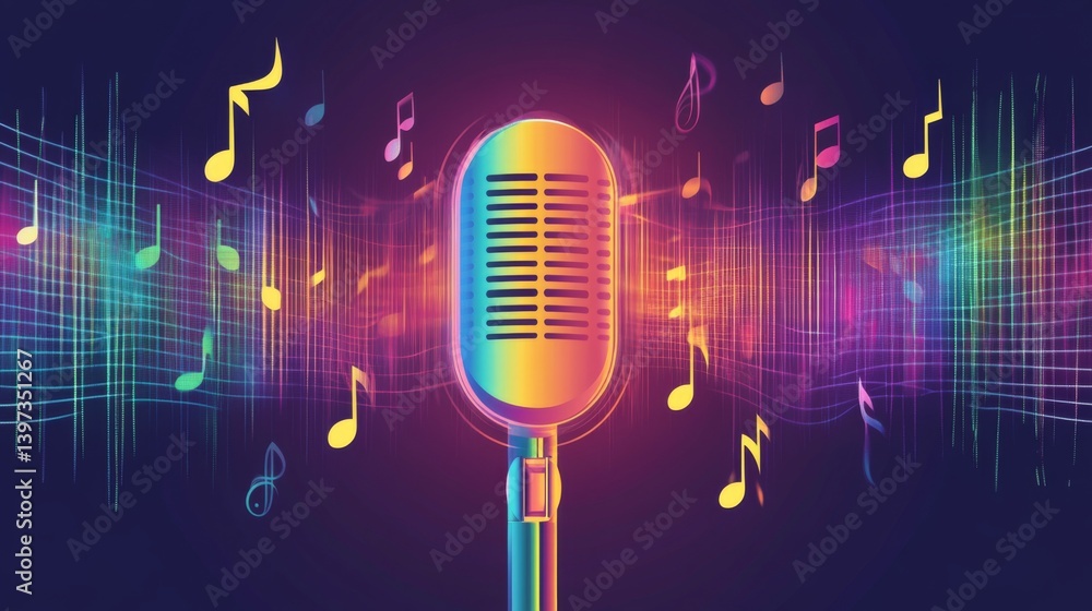 Fototapete a creative representation of a microphone surrounded by sound waves and musical notes, visually illu