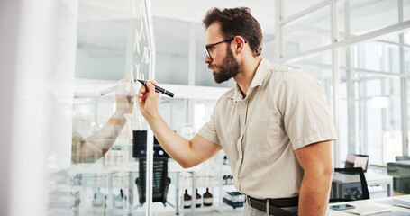 Business, glass wall and man with creativity, writing and planning with ideas for proposal. Person,...