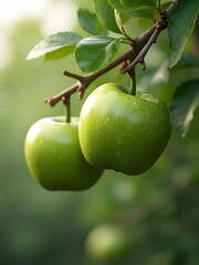 Fresh green apples hanging on tree branch in orchard,  close-up of organic fruit in natural sunlight with vibrant leaves, healthy food concept, ripe harvest, high quality nature background