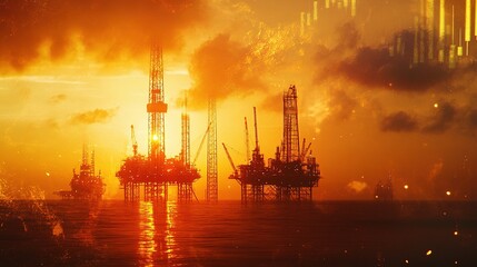 Obraz premium Double Exposure of Oil Rigs with Upward Trend Visualization at Sunset