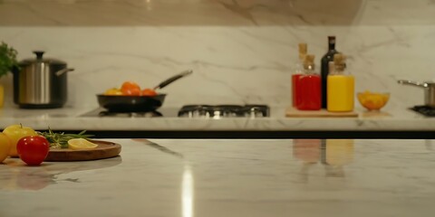 Copy space on marble table top or montage on blurred kitchen space in the background 3d render,counter, desk, display, indoor, product, room, interior, surface, blank, home, kitchen, 27