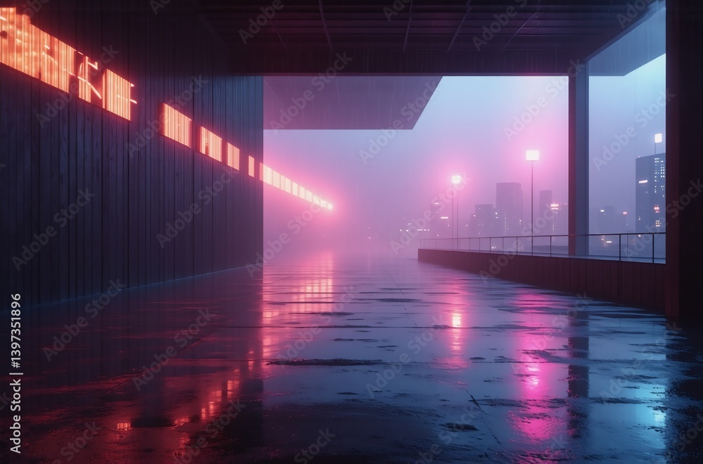 Poster a futuristic cityscape at night, shrouded in fog and rain. neon lights reflect on a wet, glossy surf