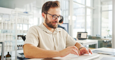 Man, tech or typing in hospital for research, project management or scientific study. Medical...