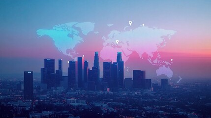 Holographic World Map with Location Pins on Urban Cityscape Background