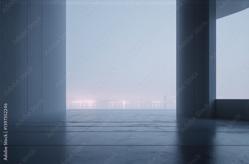 Aufkleber a minimalist architectural rendering showcasing a spacious, fog-filled interior with a distant citys