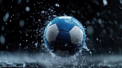Fototapeta premium Soccer ball in mid-air, water droplets exploding around it