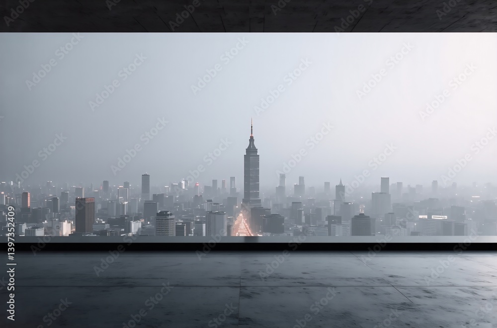 Poster a panoramic view of a hazy cityscape, seen through a large window in a minimalist, concrete room. th