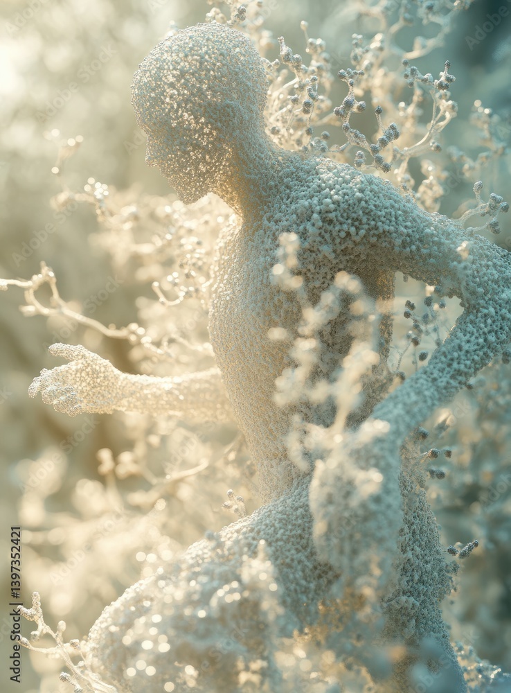 Poster abstract human figure composed of intricate textures with ethereal background representing motion an