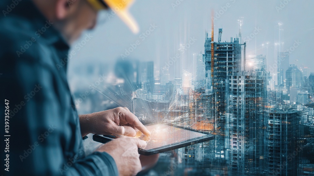 Poster future building project with engineer using digital technology