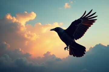 Crow in flight against a blurred sky, birds in motion, aerial view