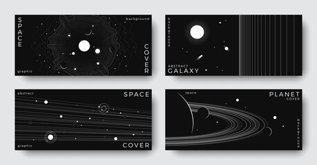 Set of abstract space astronomy horizontal backgrounds. Line art galaxy, universe, planet, solar system. Black and white science concept. Minimalist design for cover, poster, banner, flyer, brochure