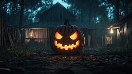 Obraz premium Spooky pumpkin in a haunted forest. Illuminated jack-o'-lantern in front of old farm buildings