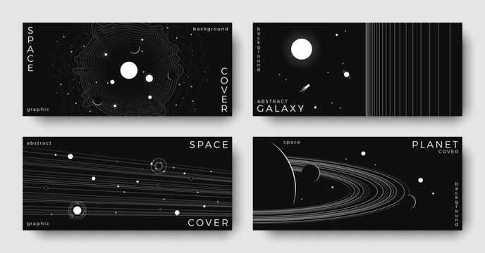 Set of abstract space astronomy horizontal backgrounds. Line art galaxy, universe, planet, solar system. Black and white science concept. Minimalist design for cover, poster, banner, flyer, brochure