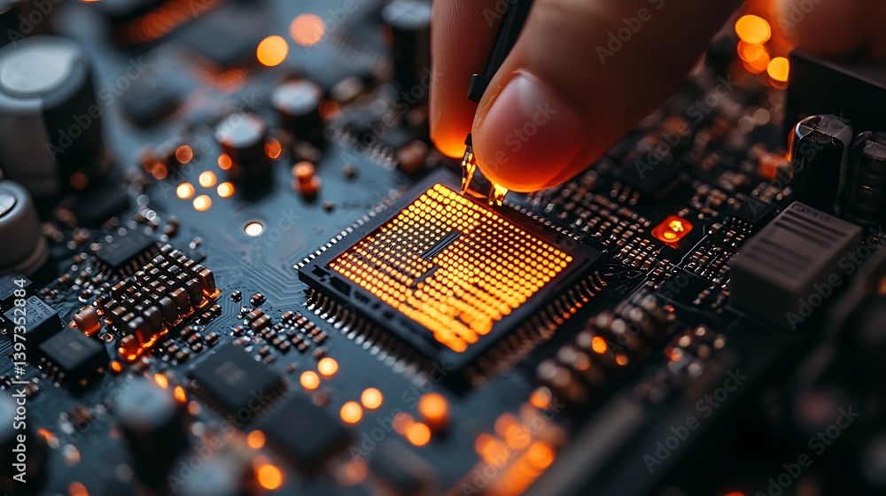 Poster close-up of a hand applying precise action on an illuminated microchip on a circuit board featuring 