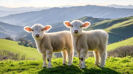 Naklejka premium Adorable Calves Standing on Green Meadow Surrounded by Nature's Beauty