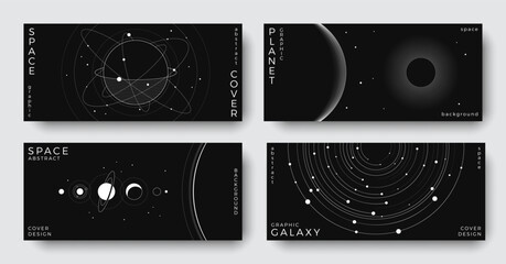 Set of abstract space horizontal backgrounds. Line art galaxy, universe, planet, solar system. Black and white science future concept. Astronomy minimalist design for cover, poster, banner, flyer, ads