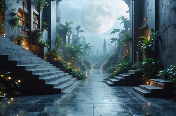 Fototapeta premium A moonlit, overgrown passage between ancient stone structures. Lush vegetation climbs the decaying architecture, illuminated by soft candlelight. A mysterious, tranquil scene.
