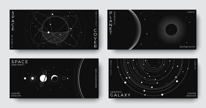 Set of abstract space horizontal backgrounds. Line art galaxy, universe, planet, solar system. Black and white science future concept. Astronomy minimalist design for cover, poster, banner, flyer, ads