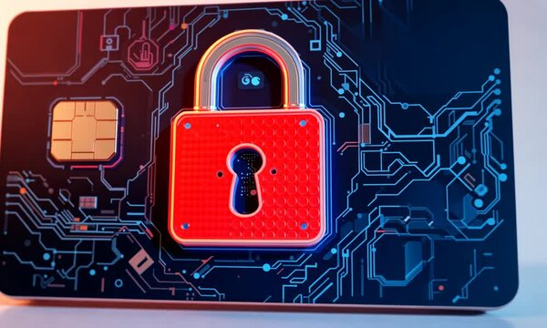 Red digital padlock icon glowing on blue circuit board background symbolizing cybersecurity. Protection and data safety concept