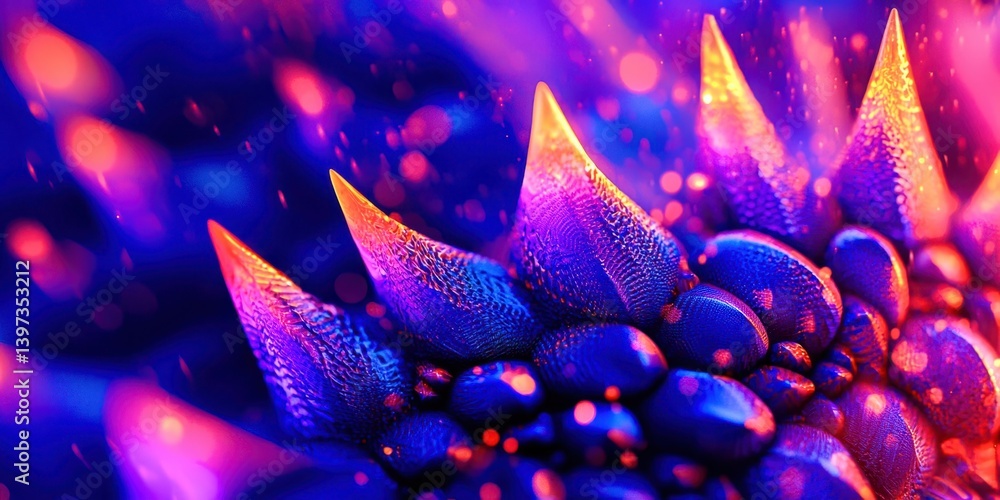 Poster The image is a close up of a blue and purple object with spikes